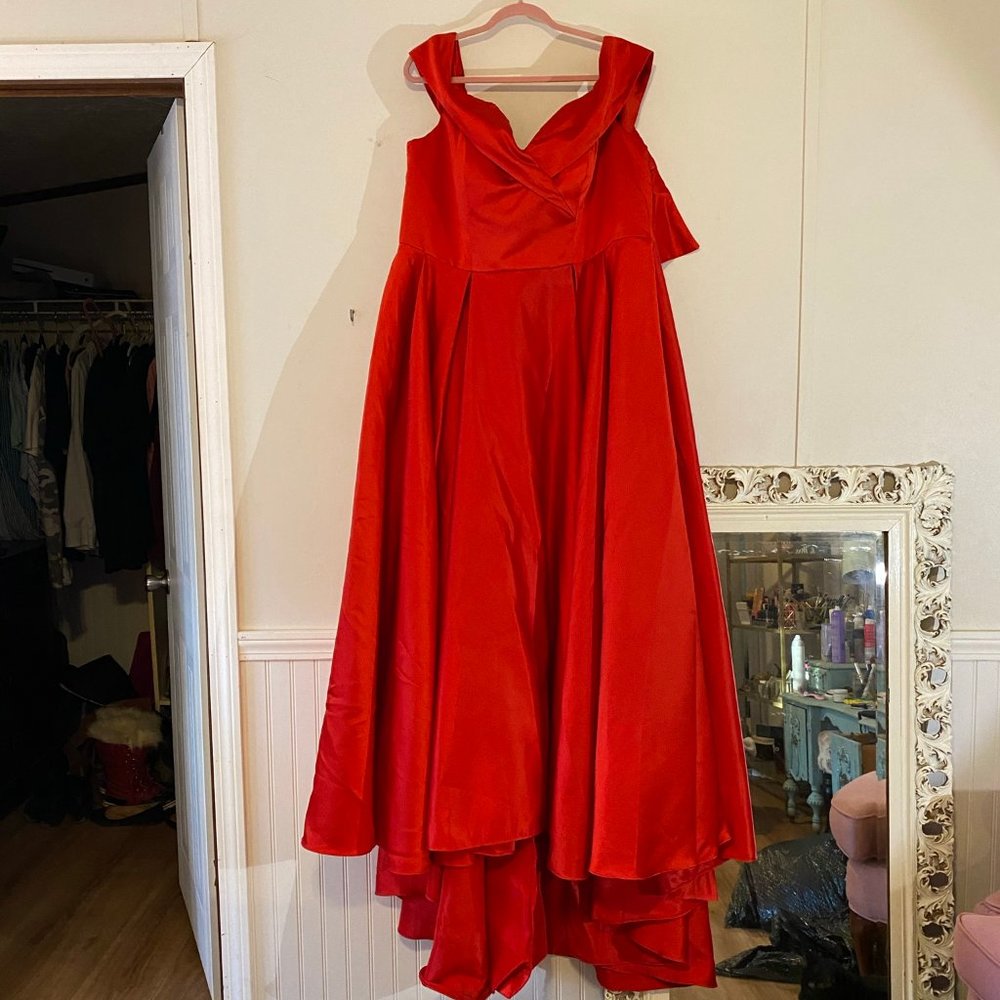 Red Satin Ballgown. Off the shoulder, high slit.